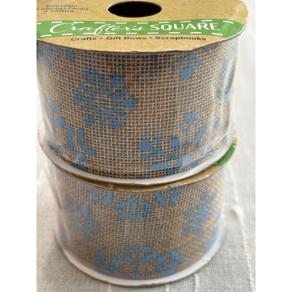 Christmas Winter Holiday Blue Snowflake Burlap Ribbon Lot Of 2 Crafts Gifts Bows